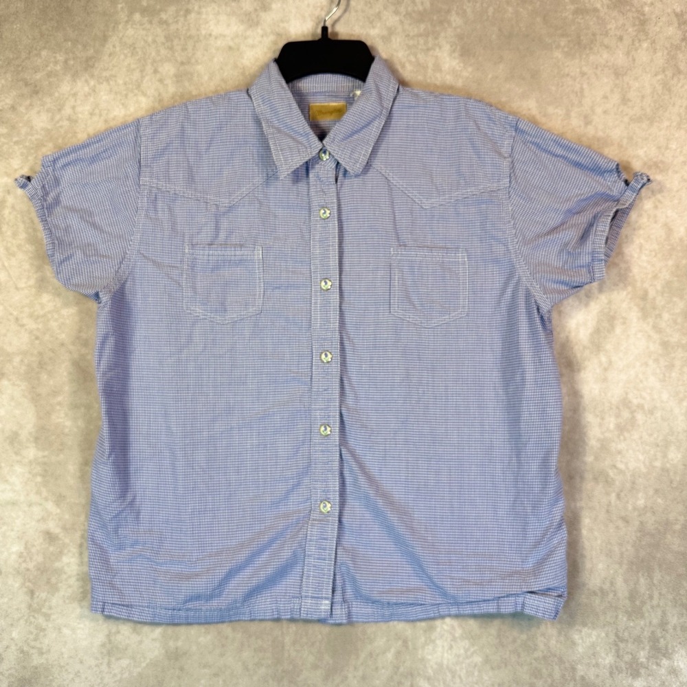 Vintage Wrangler Shirt Women Blue Gingham Western SS Pearl Snap Texas Bluebonnet